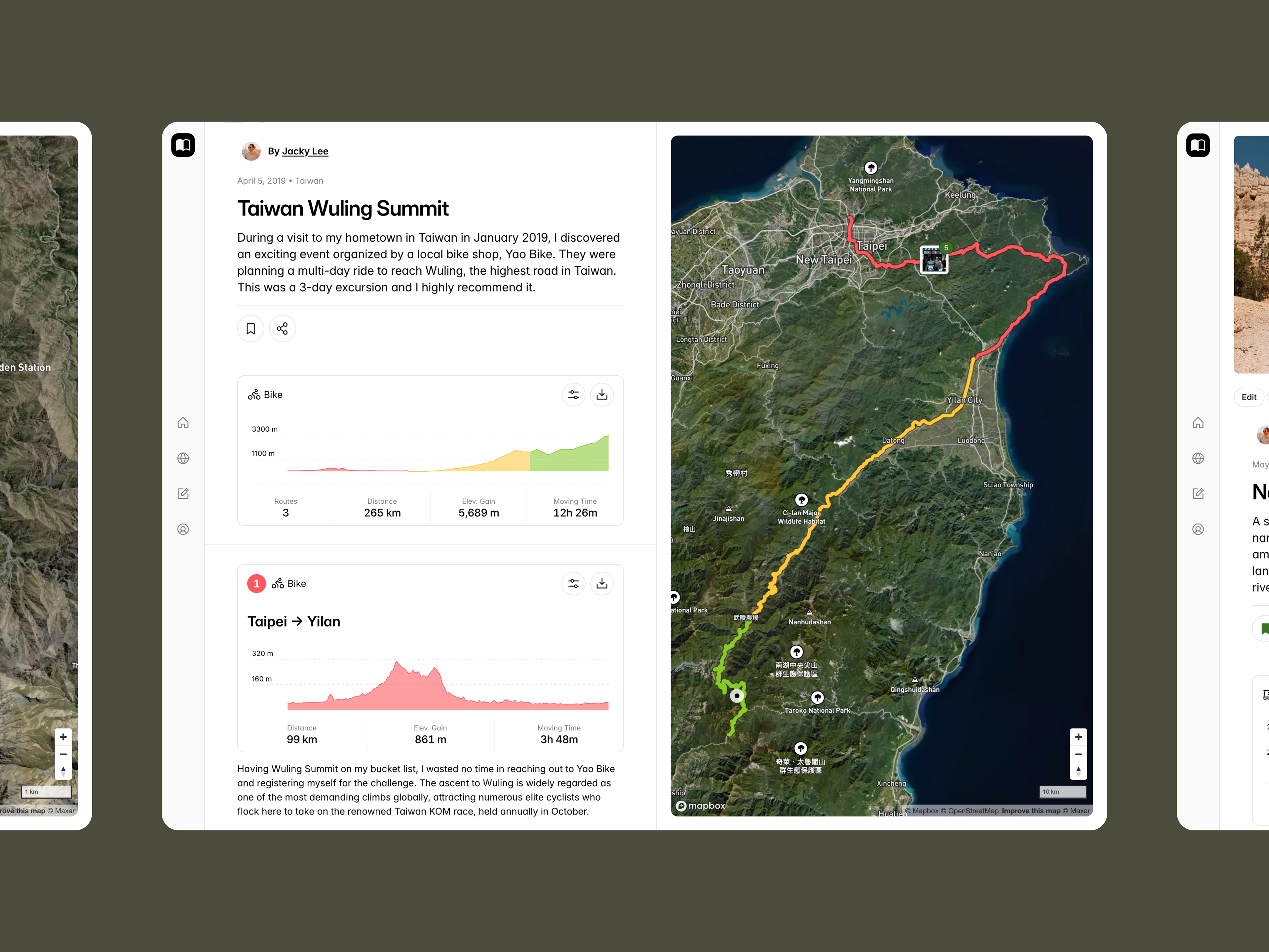 A detailed trip of a story – combining photos, text, and route data.