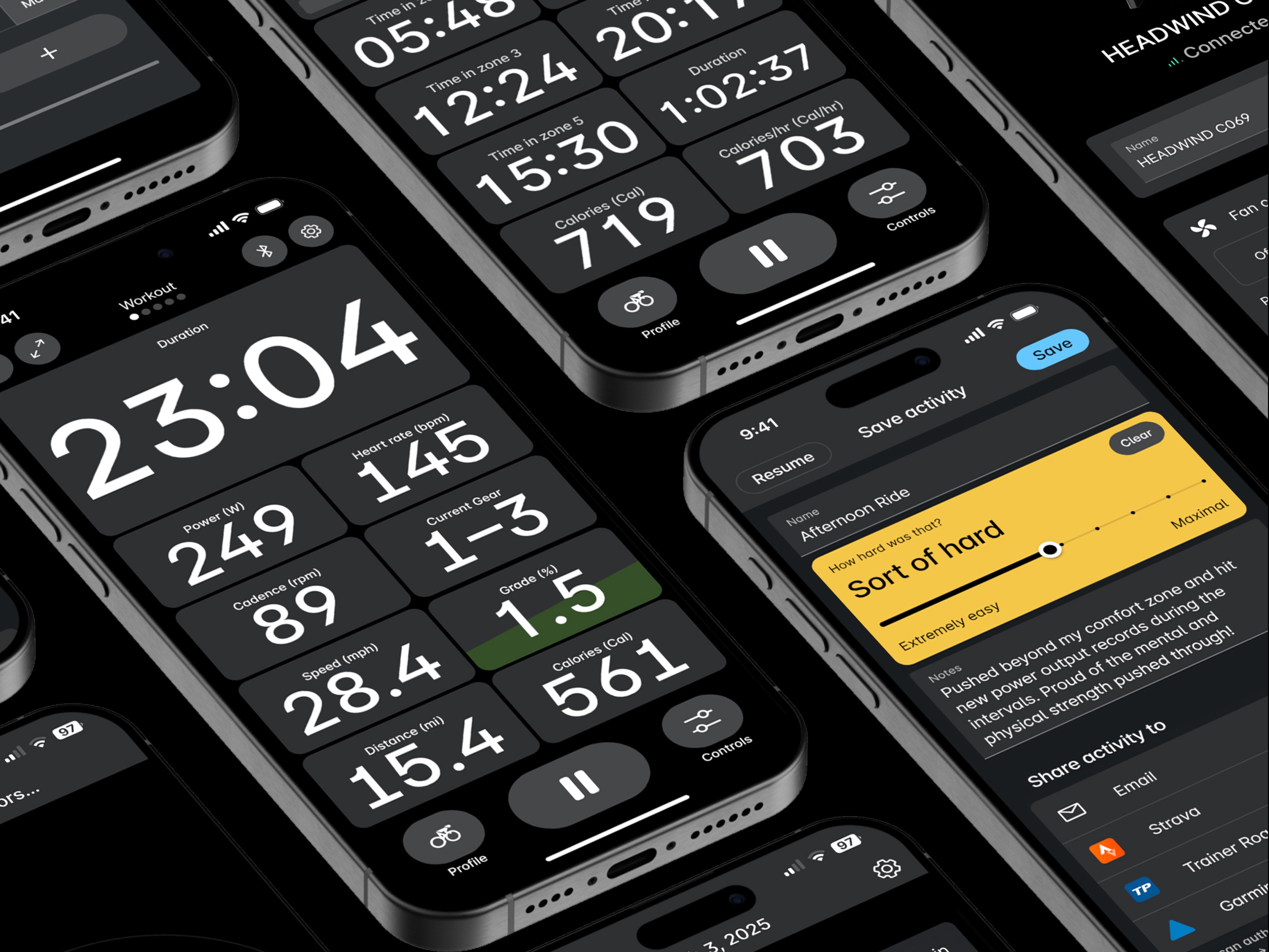 Isometric view of iPhone 15 devices displaying a masonry grid of Wahoo App screenshots.